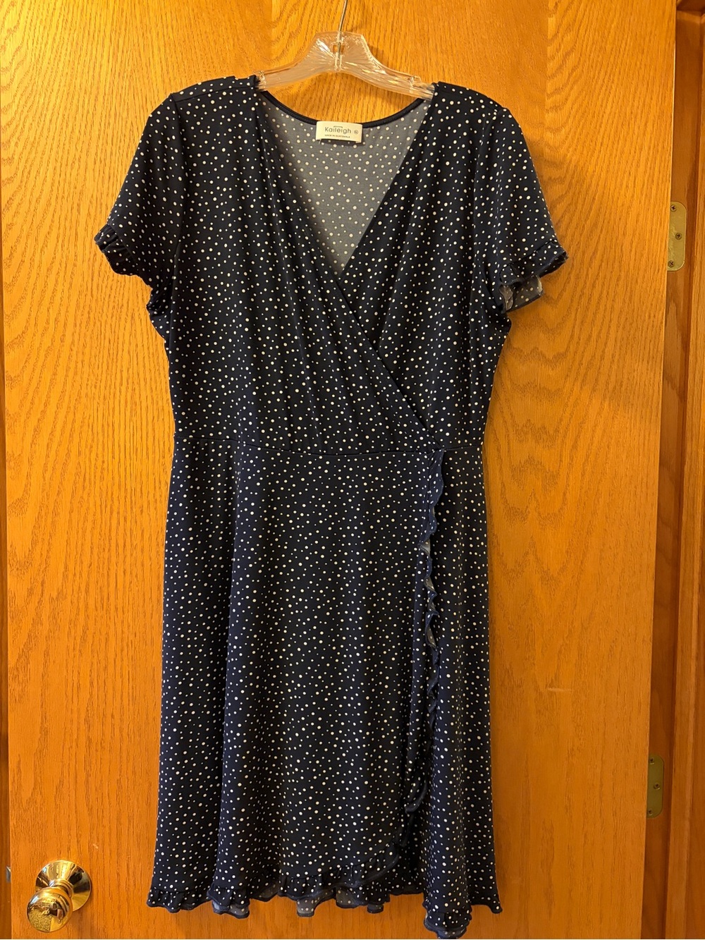 Kaileigh Thelma knit wrap dress. Navy background with white dots. Size XL